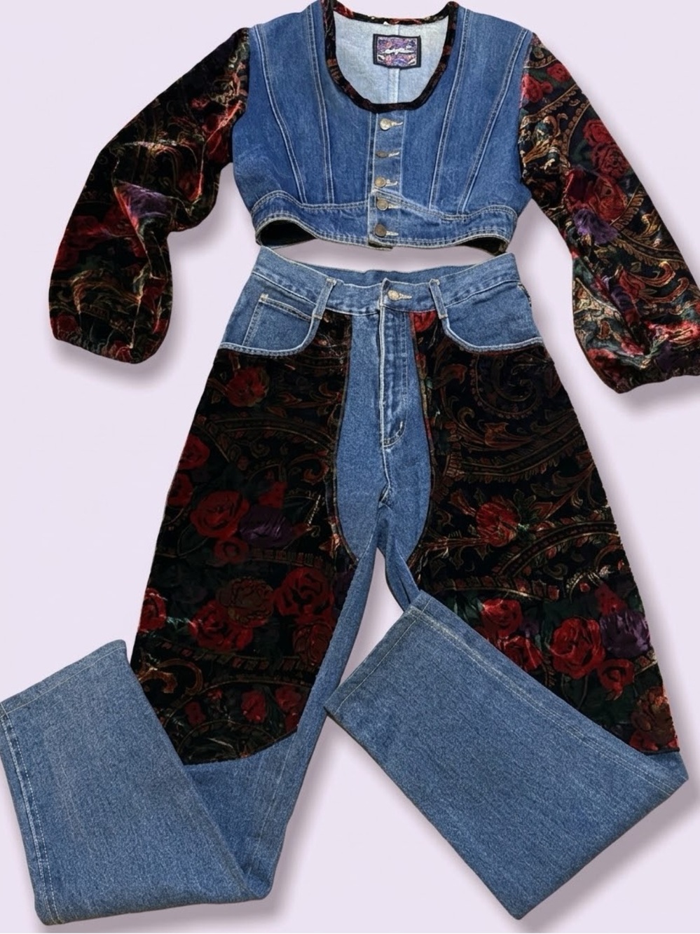 VTG Body Blue Denim Velvet 2 Piece Set Crop Top Jeans Western Cowgirl Chaps M